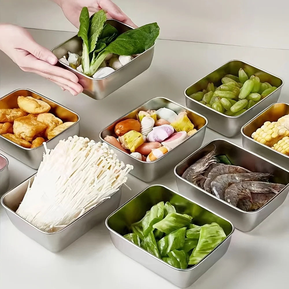 5/10 قطعة حاويات تخزين المواد الغذائية من الفولاذ المقاوم للصدأ مع أغطية قابلة للطي منظمات الثلاجة القابلة لإعادة الاستخدام لتخزين المواد الغذائية في المطبخ والنزهات