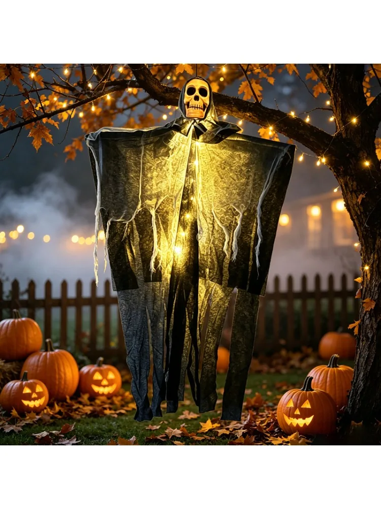 Halloween LED-Hängegeister-Skelett-Dekorationen, leuchtende Sensenmann-Schädel-Ornamente, gruselige fliegende Geisterlichter für Zuhause