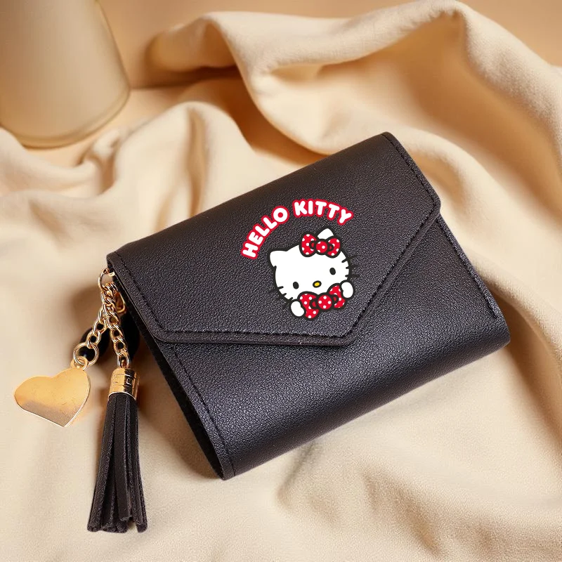 Hello Kitty Cute Tassel Short Wallet Faux Leather Multi-Functional Wallet, Short Wallet Coin Purse Flap Card Case Envelope Bag
