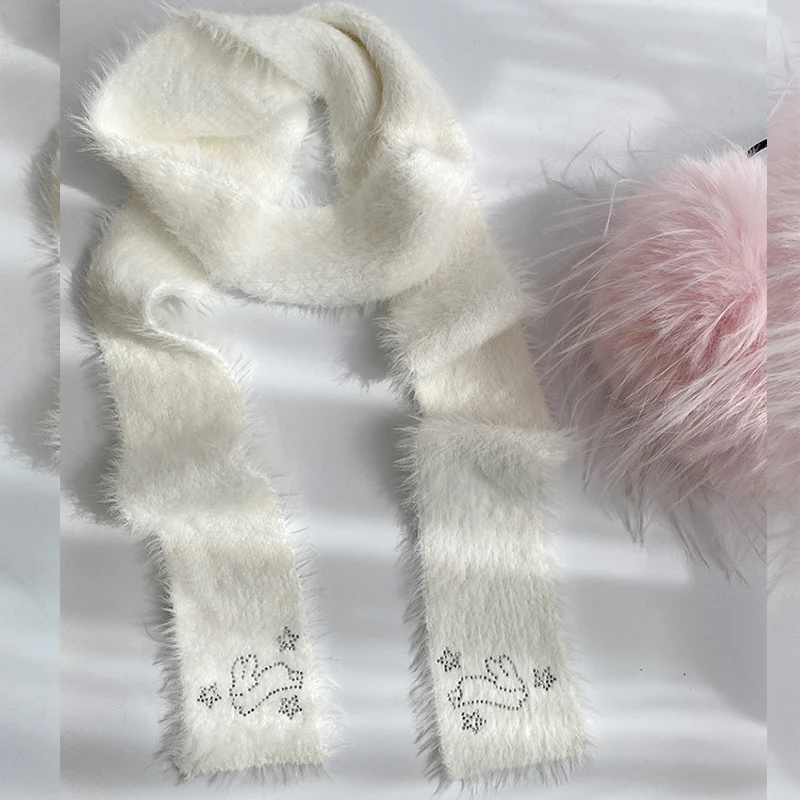 Korea Diamond Rabbit Scarf Kawaii Women Y2K Winter Warm Muffler Lolita Gothic Original Design JK Accessories New Year Gift