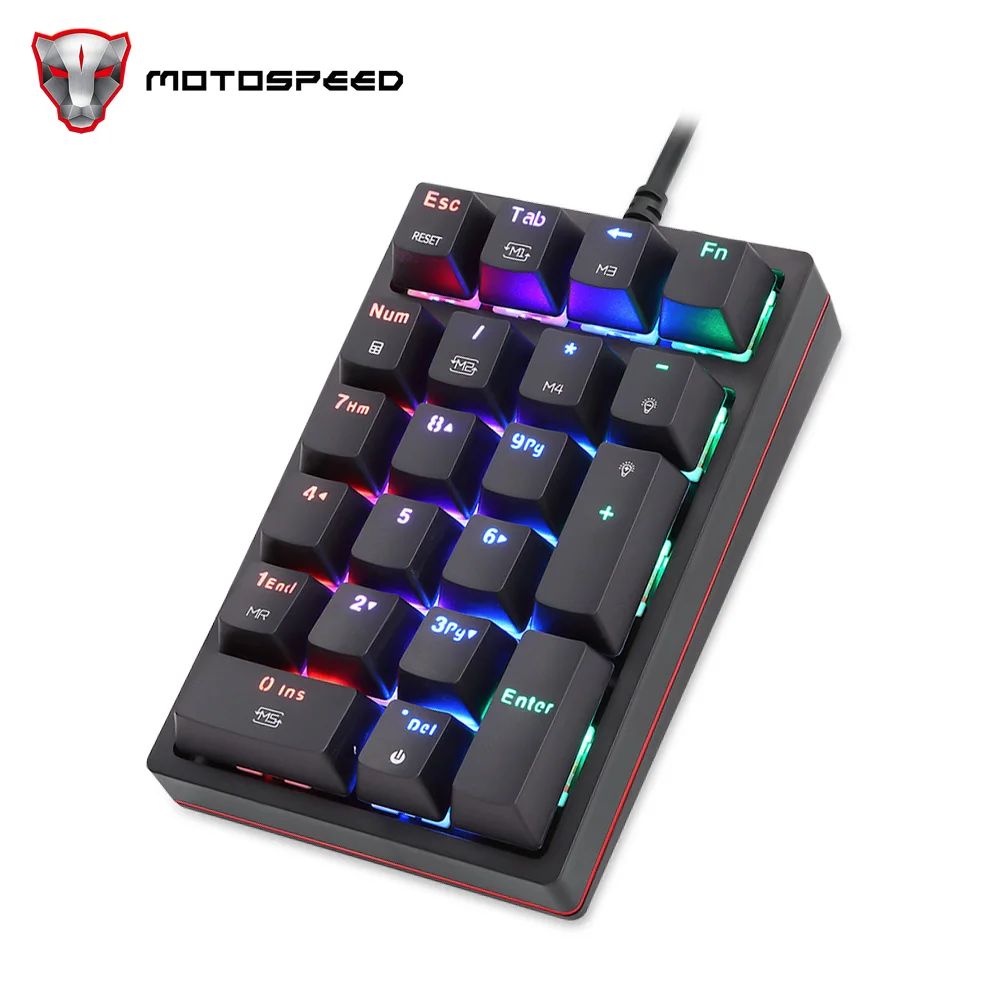 Motospeed K24 Mechaniczna klawiatura numeryczna makro Przewodowa 21-klawiszowa klawiatura do gier z podświetleniem RGB Czerwony Niebieski Przełącznik do notebooka PC