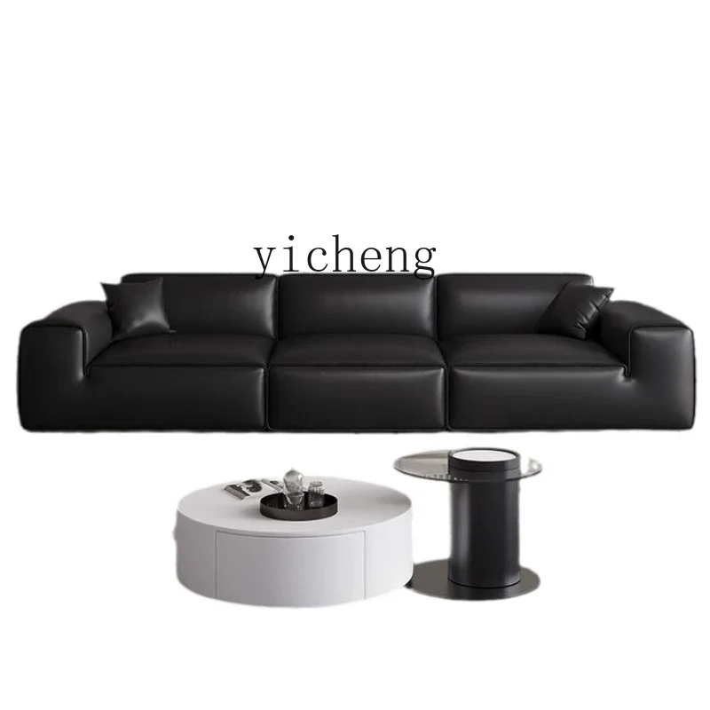 ZC Big Black Cow Leather Sofa  Minimalist Living Room Small Apartment Modern Straight  Three-Seat