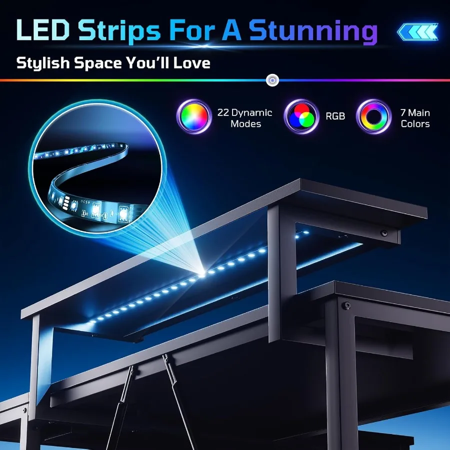 مكتب ألعاب 42 على شكل حرف L مع منافذ طاقة مدمجة وإضاءة LED محيطة وأرفف تخزين قابلة للعكس وخطافات حائط لـ Compac