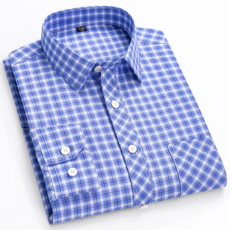 새로운 남성용 긴팔 셔츠는 시원하고 캐주얼합니다. 봄과 여름을 위한 얇고 면 소재의 스트리트웨어 체크 스타일입니다.