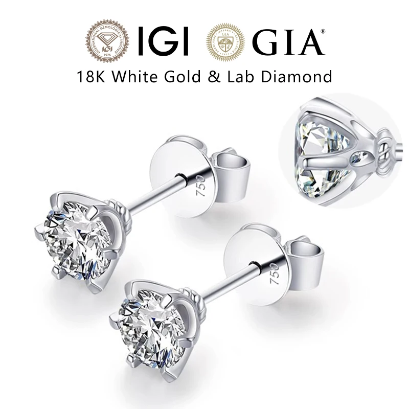 GEMMASTER 18K White Gold Lab Grown Diamond Ear Studs With IGI certificate Real 0.5ct 1ct Lab Dimond Earring Studs Unisex style