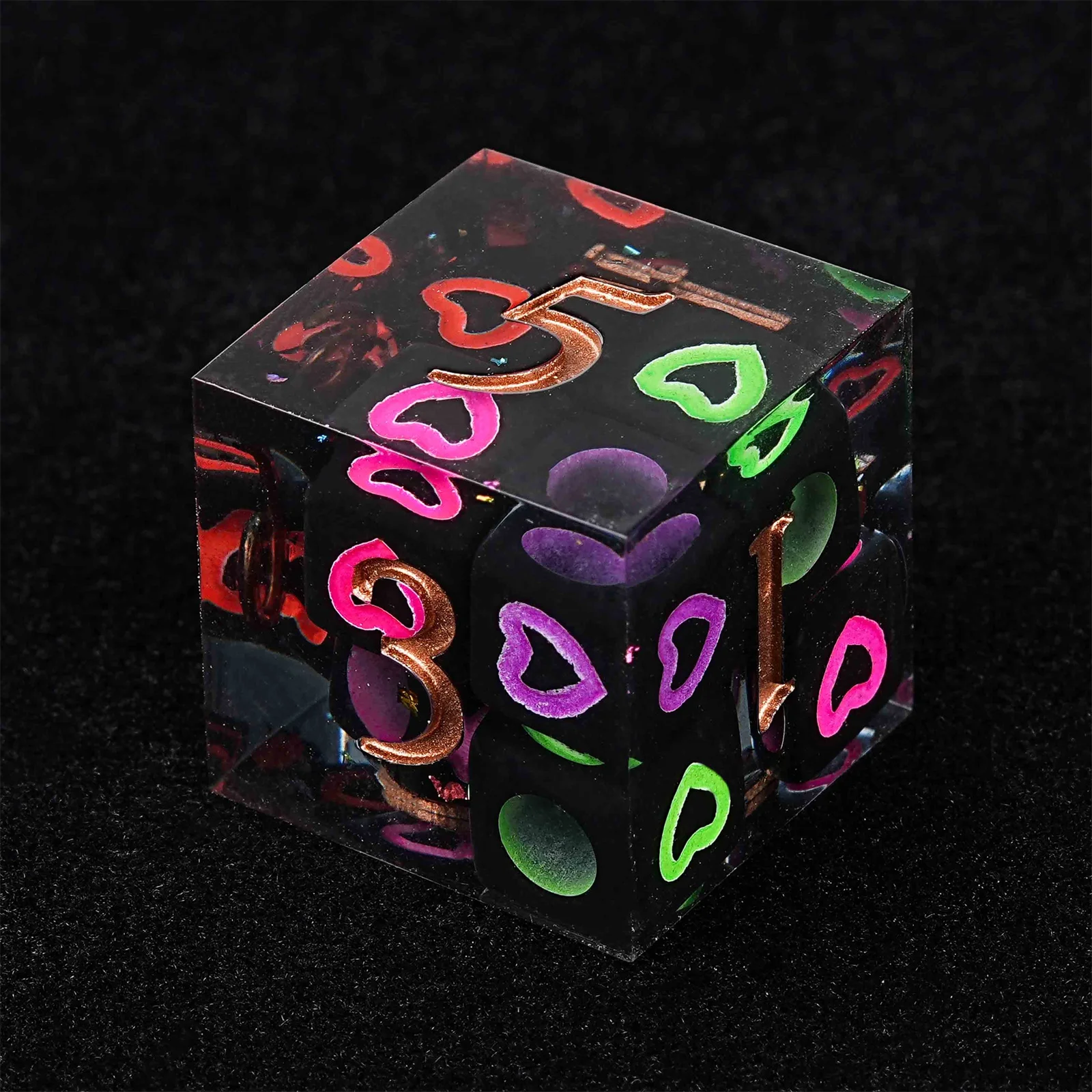 

7Pcs Black DND Dice Set Colorful Love Pattern Copper Word Sharp Edge Handmade Polyhedral Resin Dice for Multi-Sided RPG D6~D20
