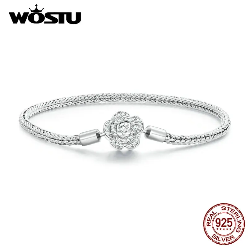 WOSTU 925 Sterling Silver Rose Flower Shiny CZ Basic Snake Chain Bracelets Charm Women Hand Wrist Bangle DIY Jewelry Making Gift