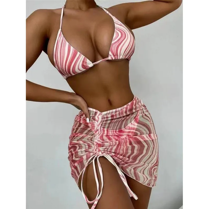 Bathing Suit Women Split Swimsuit Women's Sexy Striped Bikini Swimming Strap Mesh Bikini Three-Piece Swimsuit