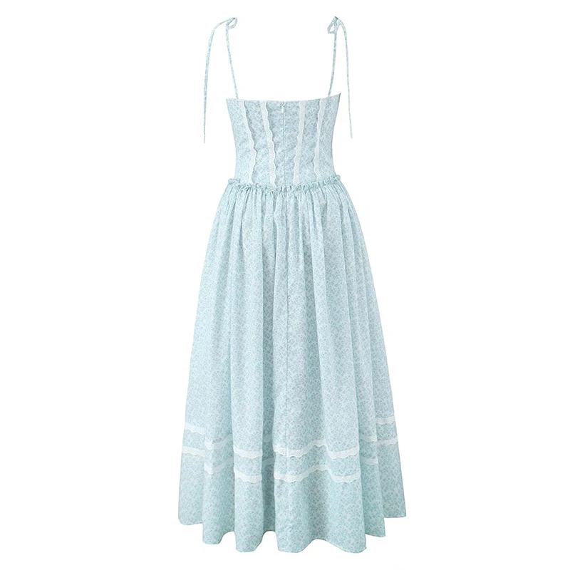 YENKYE Sexy Elegant Women Lace Spliced Blue Floral Print Midi Long Sling Dresses Low Waist Fit And Flare Party Dress Summer