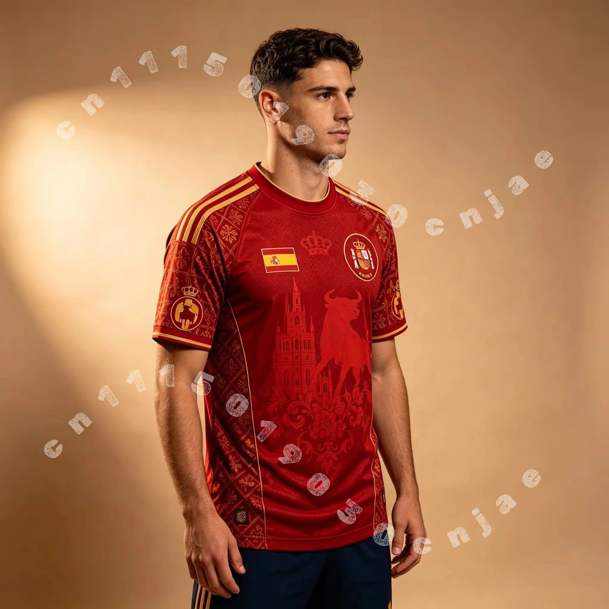 Schnell trocknendes Fußballtrikot für Herren, rotes Fußball-Fan-T-Shirt mit goldenem Stier-Kathedralen-Prägedruck und kurzen Ärmeln für den Trainingssport – Detail 5