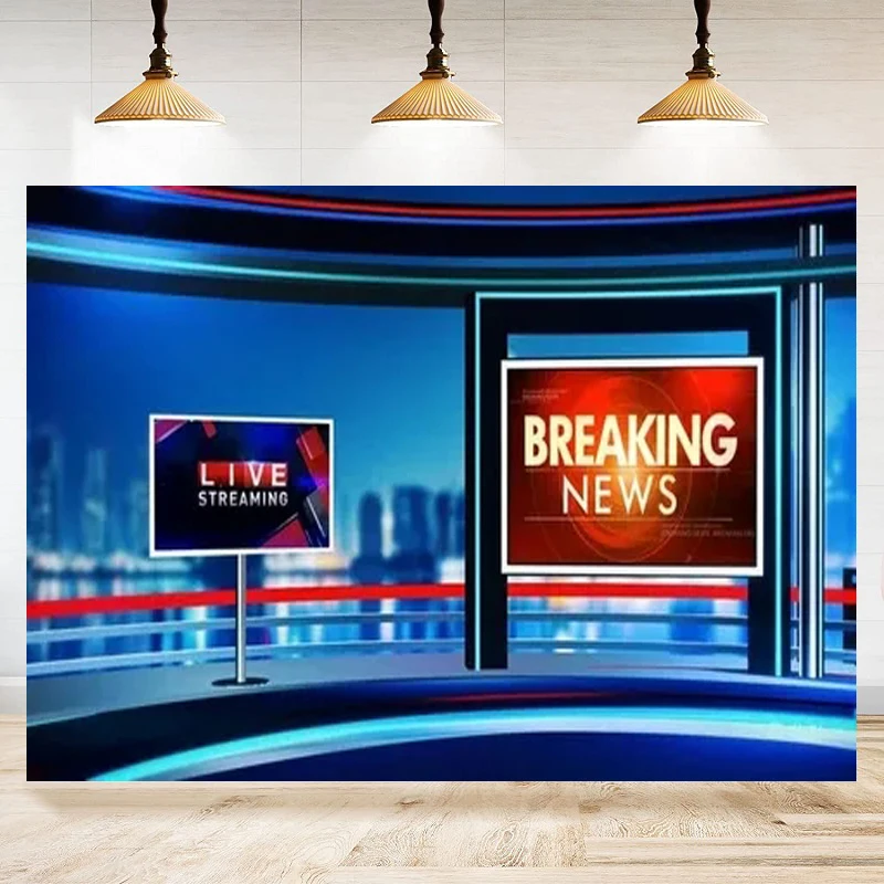 News Broadcast Photography Backdrop TV Show Newscaster Studio Breaking Media Monitor Equipment Microphone Interview Background