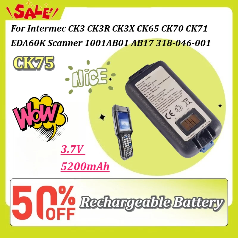 CK75 3.7V 5200mAh Rechargeable Li-ion Battery For Intermec CK3 CK3R CK3X CK65 CK70 CK71 EDA60K Scanner 1001AB01 AB17 318-046-001