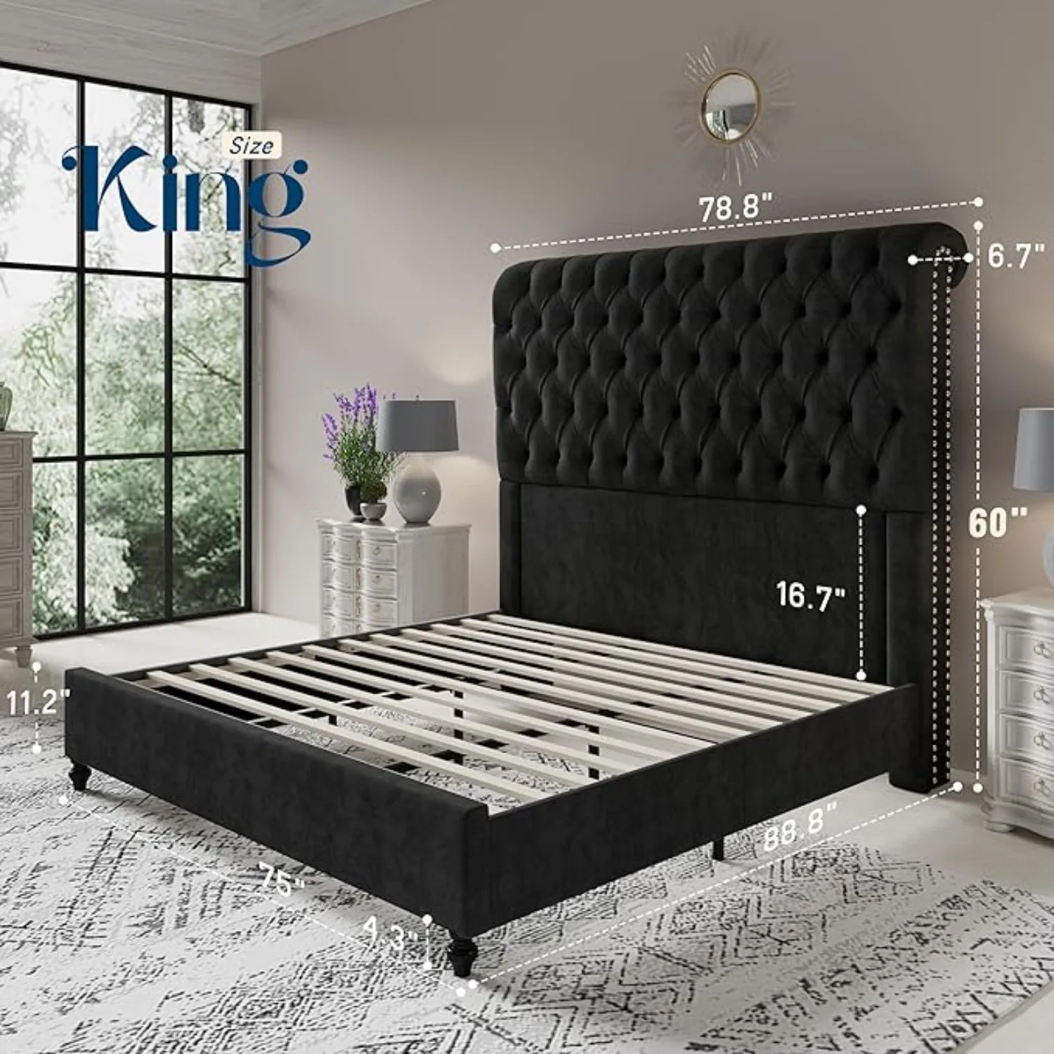 Bed Frame with Sleigh Headboard, Velvet Upholstered Platform Beds, King Size Bed Frame