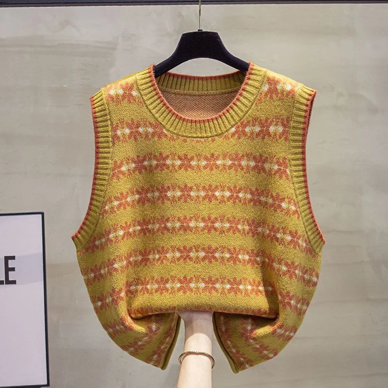 여성용 라운드 넥 니트 조끼 2025 봄과 가을 신상 패션 프린트 다용도 캐주얼 루즈 민소매 스웨터