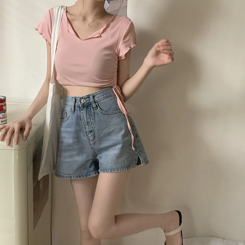 

High Waist Loose Fit A-Line Short Jeans Women plus Size Summer New Style Korean Version Slimming Hot Pants Button Craft