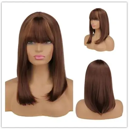 合成ストレートボブウィッグ女性用、ナチュラル、ミディアム丈、ブラウン、フルウィッグ、ブロンド、デイリーウェア