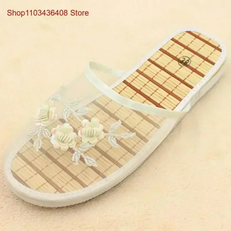 Womens Ladies Handmade Flowers Fashion Floral Slippers Slides On Flats Mesh Flip Flop Loafers Mules Fresh Breathable Home image 4