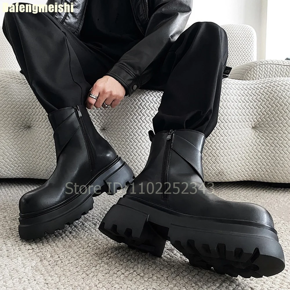 2026 Autumn/winter New Style Fleece-Lined Chelsea Boots 7Cm Thick Sole Wedges Height Increase Black Leather Motorcycle Boots