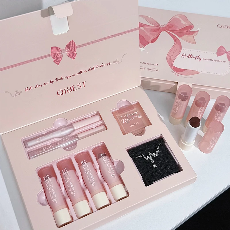 7 قطعة/صندوق مجموعات ماكياج 4 قطعة أحمر الشفاه السائل المخملي عارية ، 1 كريم الشفاه ، 1 زيت الشفاه ، 1 لوحة أحمر الخدود الوجه وقلادة هدية مجموعات مستحضرات التجميل #1