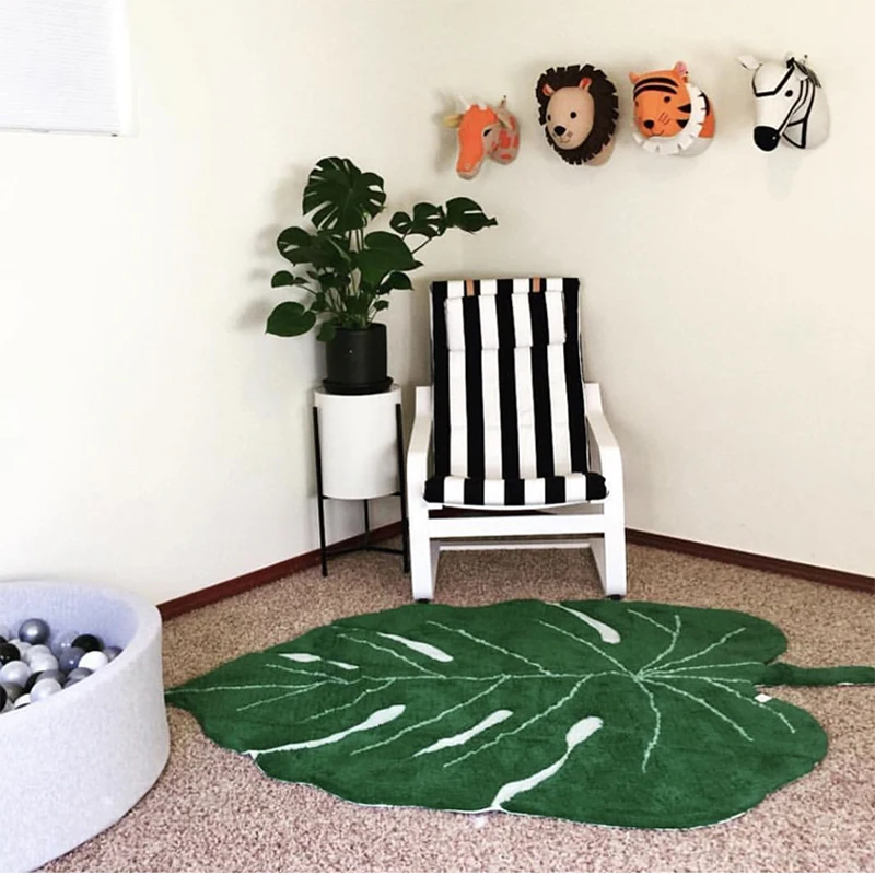 Nordic Green Leaf Cotton Rug Kids Room Floor Mat Soft Baby Playmat Carpet Children Bedroom Pad Home Nursery Decor 150x110cm