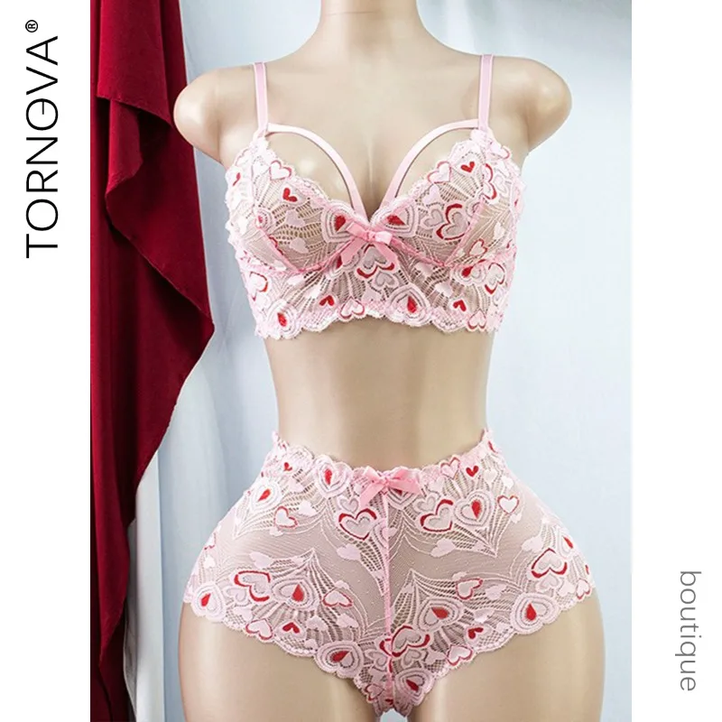 

Tornova Erotic Lingerie Panty 2PCS Embroidery Love See-through Hollow Out Girl Slim Plunge Cute Seductive Charming Underwear Set