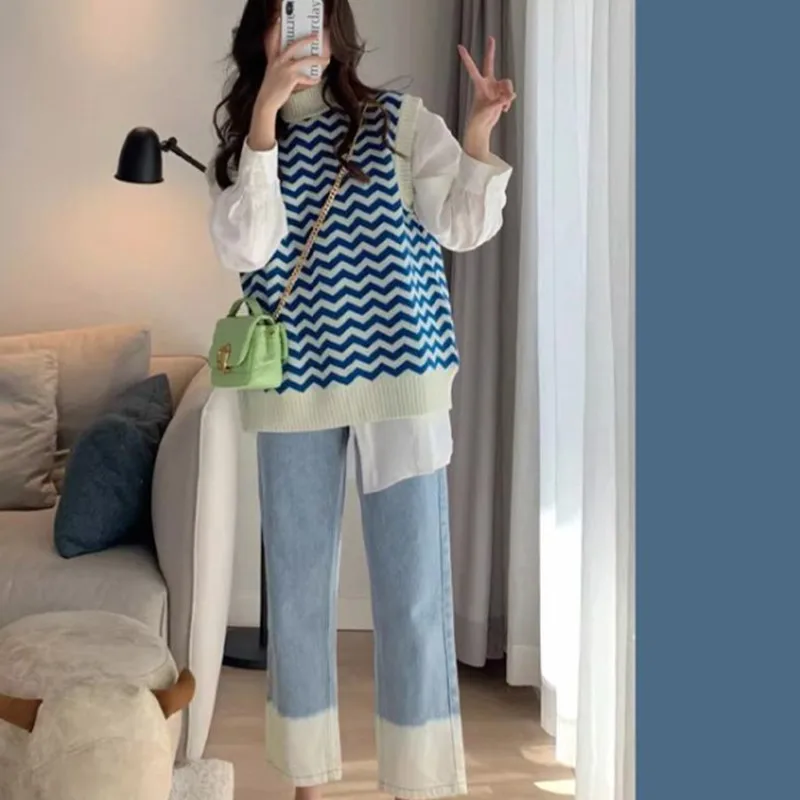 2024 Korean version new autumn and winter outfit small knitted vest+fashionable shirt milk jeans three piece set