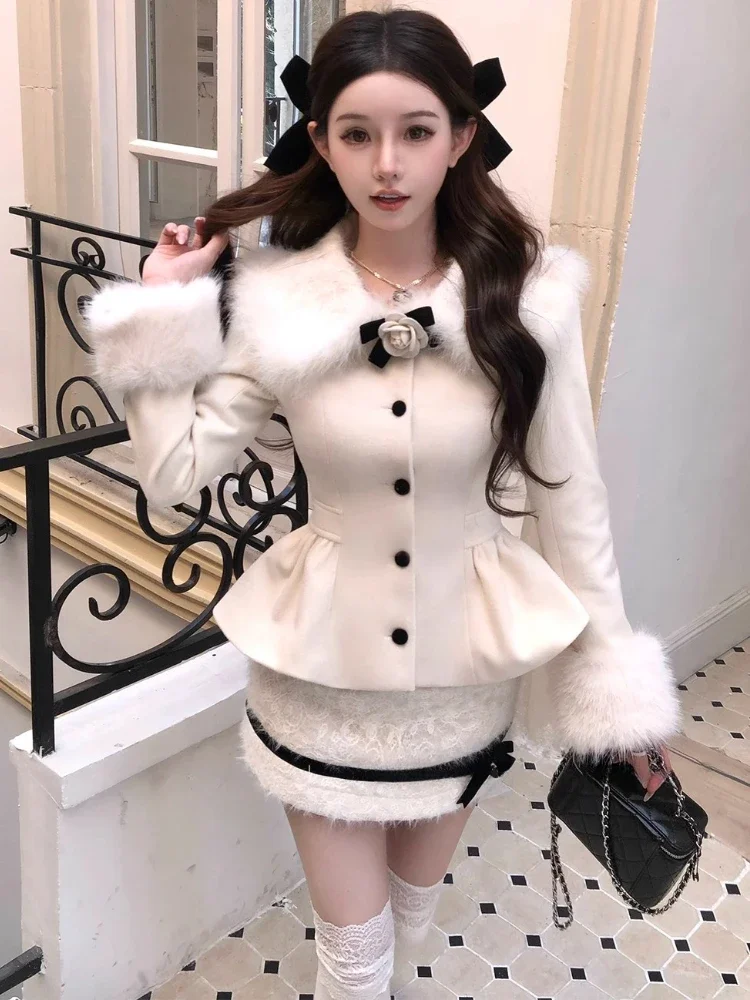 Elegant Commuting Woolen Suit Winter High-Quality Plush Lapel Waist Ruffle Edge Coat Lace Bow Splicing Skirt 2-Piece Set Women