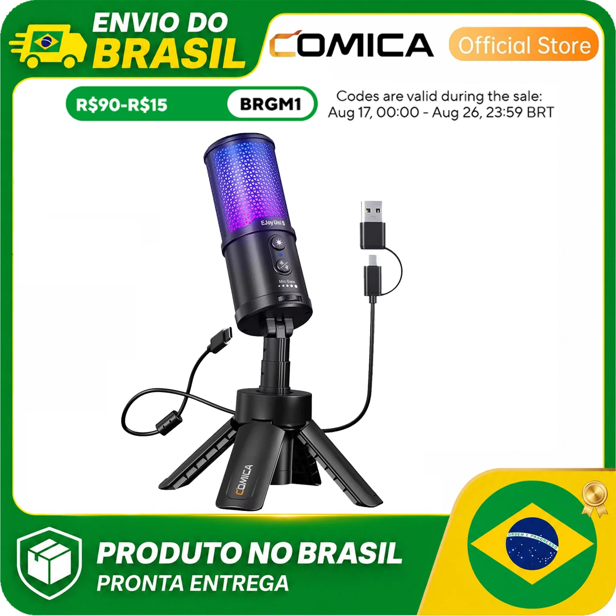COMICA Ejoy UNI S, Microfone Condensador USB RGB para Jogos com Controle de Ganho e Monitoramento de Cancelamento de Ruído AI para Streaming em PC, PS4 e PS5