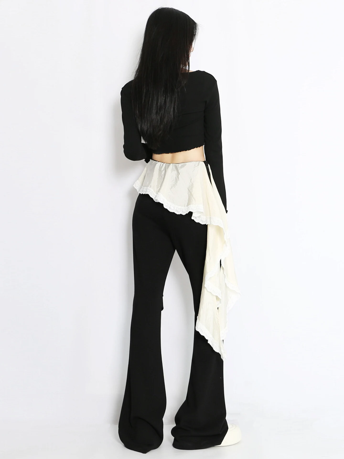 Bot de campana adelgazante de cintura alta con diseño de encaje, pantalones informales a la moda para niñas, piernas micro acampanadas, cierre de cremallera de fibra de poliéster