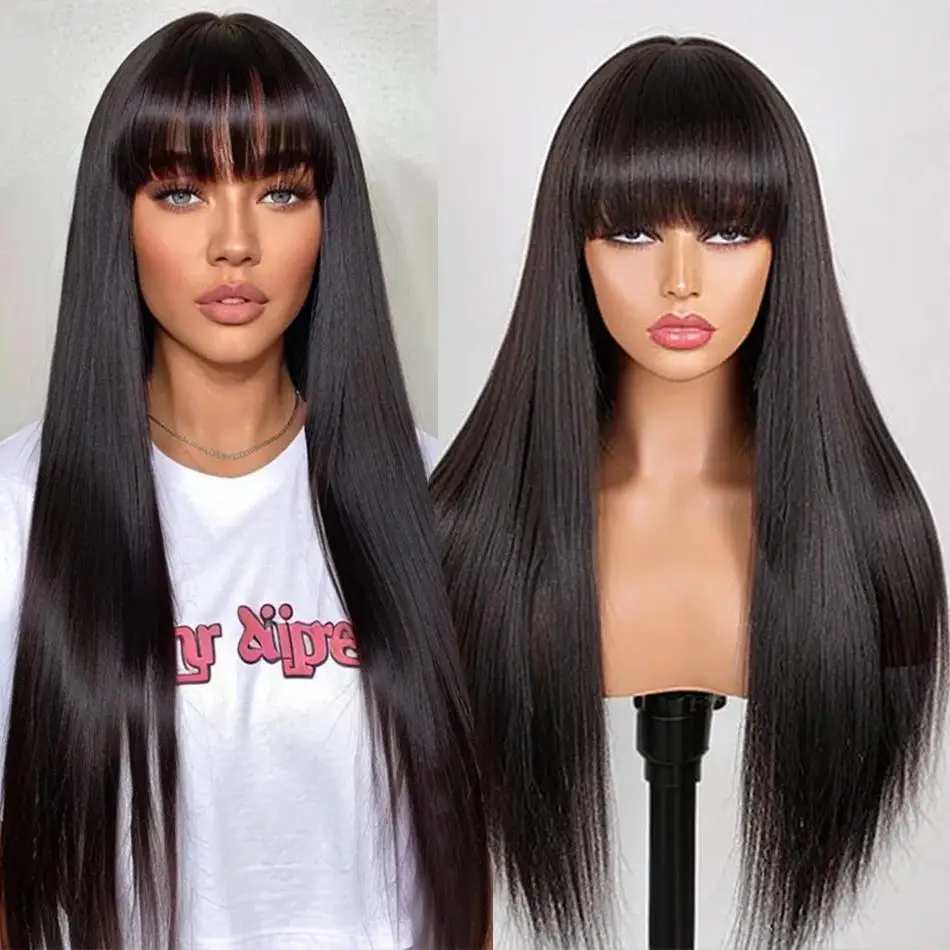 

22-28 Inch Long Size Straight Human Hair Wig with Bangs 100% Natural Brazilian Human Hair Wigs for Women Full Machine Made Wig