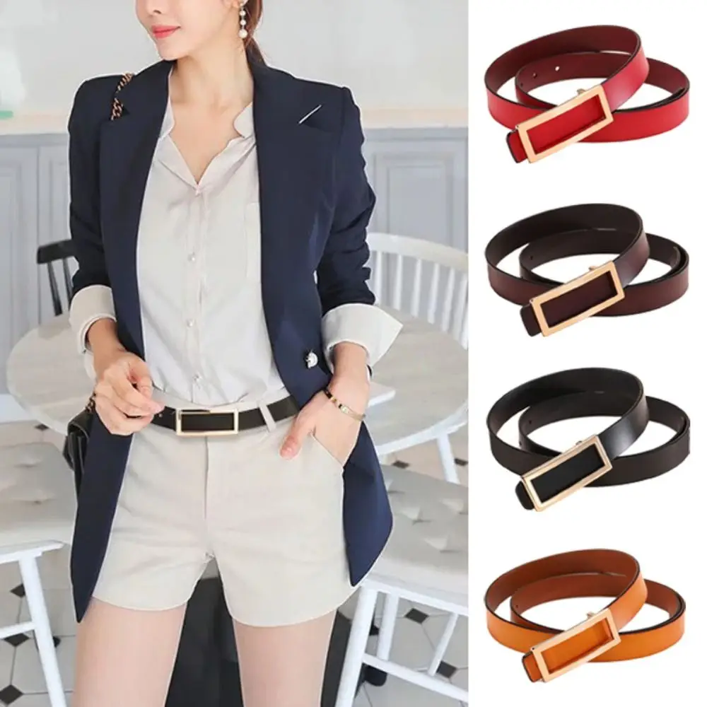 

Luxury Cowskin Leather Waistband Solid Color Rectangle Buckle Waist Belt Double Sided Skinny Thin Dress Belt Dress Accessory