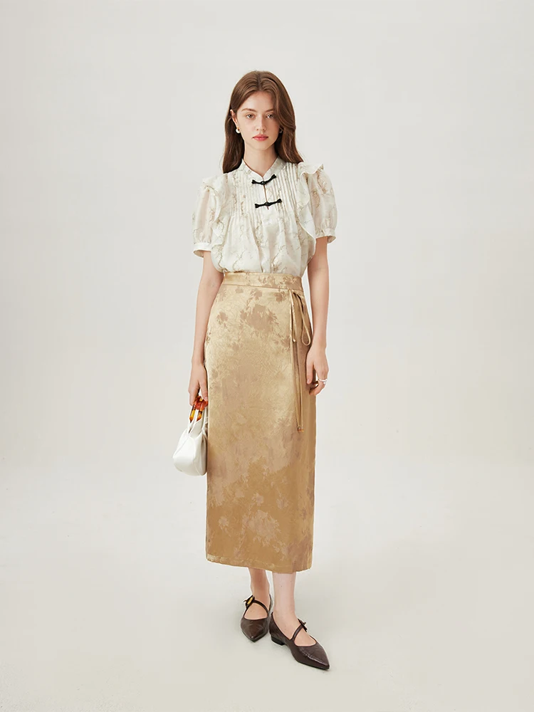 FSLE Jacquard Skirt Women High Waist Khaki Skirts New Chinese Style Summer Long Asymmetric A-LINE Skirt 24FS12901