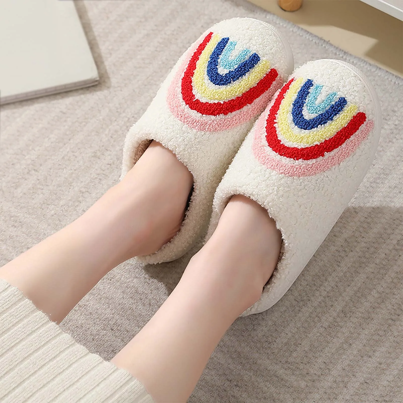 Rainbow Women's Slippers Fluffy Cushion Fashion Slides Cute Women Comfortable Houseshoes Good Vibes Winter Toe Wrap Shoes