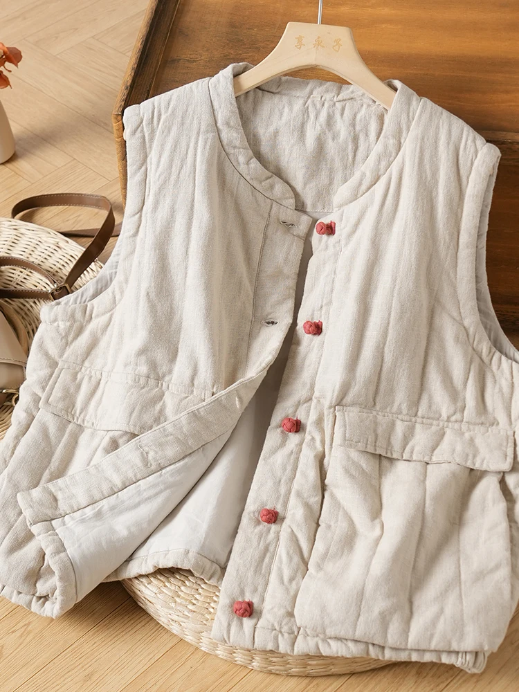 

New Chinese Sle Button up Cotton Jaet Women's Winter Outerwear Warm Liner Inserted Linen Vest Cardigan Sle Cotton Coat