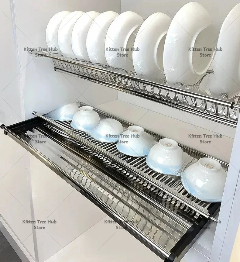 Hanging Dish Storage Rack Pull-out Design Double Layer Drain Basket for Kitchen Cabinet