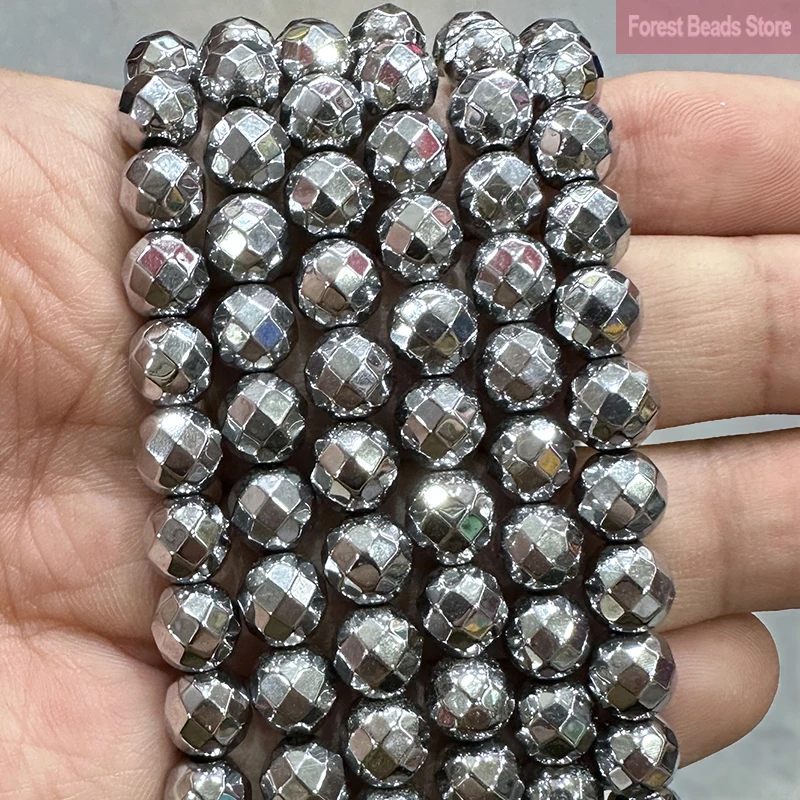 Natural Stone Silvery Faceted Hematite Stone Loose Spacer Beads 2/3/4/6/8/10mm for Jewelry Making DIY Bracelet Earrings 15''