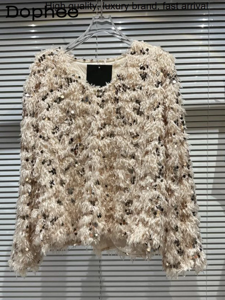 New 2023 Spring Full Body Sequins Loose-Fitting Knitted Sweaters Pullover Women's Fashion Fluffy Long Sleeve Sweater Top Female