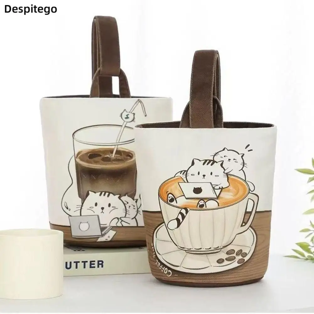 Korean Style Cute Cartoon Coffee Cat Bucket Bag Large Capacity Canvas Handbag Shopping Bags