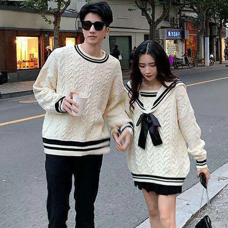 

Preppy Style Couple Sweater Men Women Fashion Lolita Girl Sweet Navy Collar Sweater Couples Harajuku Sweater