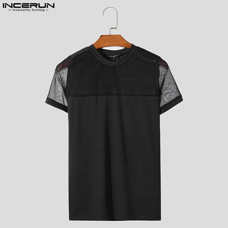 INCERUN Tops 2024 American Style Fashion Men Mesh Splicing Solid T-shirts Casual Streetwear O-neck Short Sleeved Camiseta S-5XL