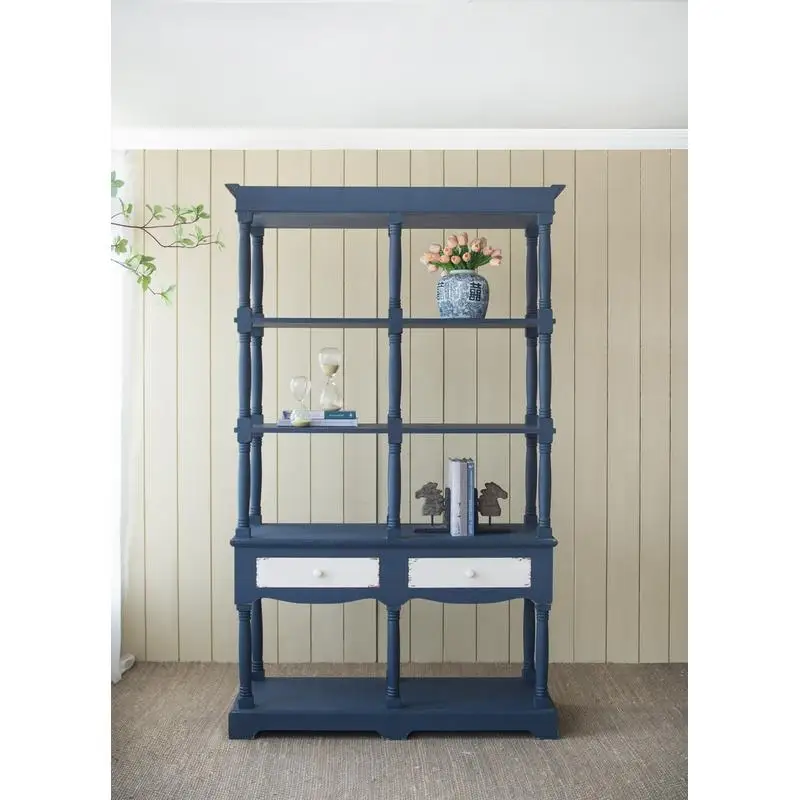 

Four Tiered Wooden Shelf with Two Drawers, Farmhouse Bookcase Display Storage Rack, 51x19.5x81.5 Inches