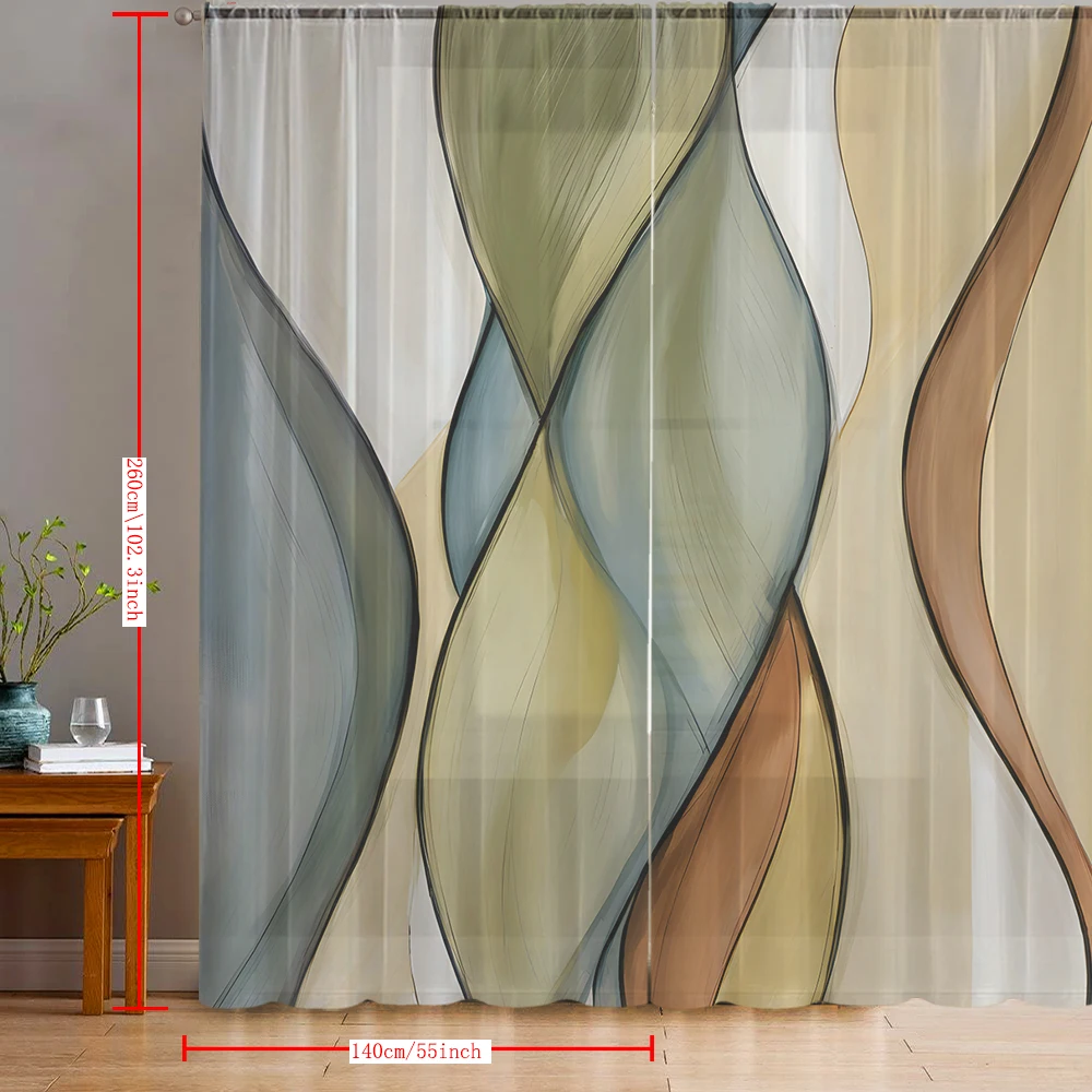 2PCS Home decoration yellow green oil painting geometric printed window screens with pole bags, suitable for living room