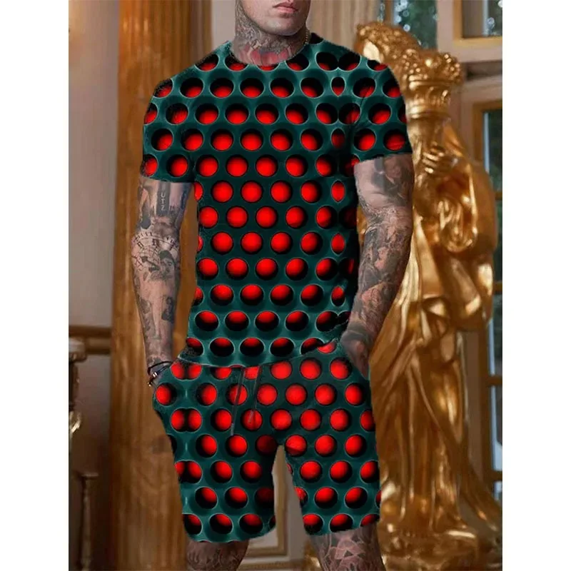 2025 Fun 3D Optical Stripe Printed Men's Summer Casual Round Neck Short-sleeved Shirt and Shorts Street Hip-hop Style Set