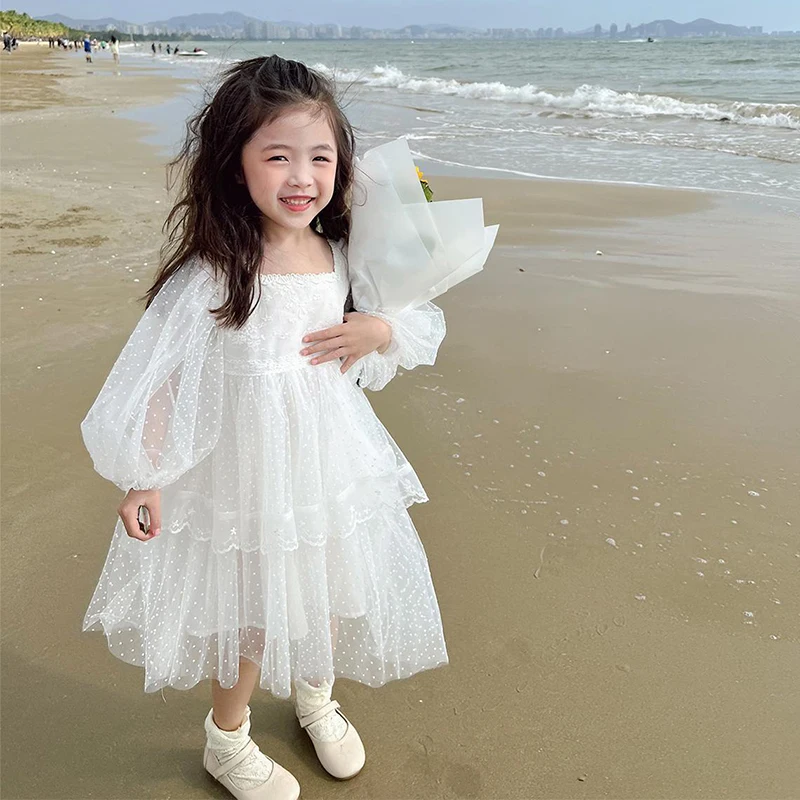 2025 Summer New Cute Girls Dress White Dress Fashion Flowers Embroidery Elegant Princess Dress Birthday Party Kids Clothes