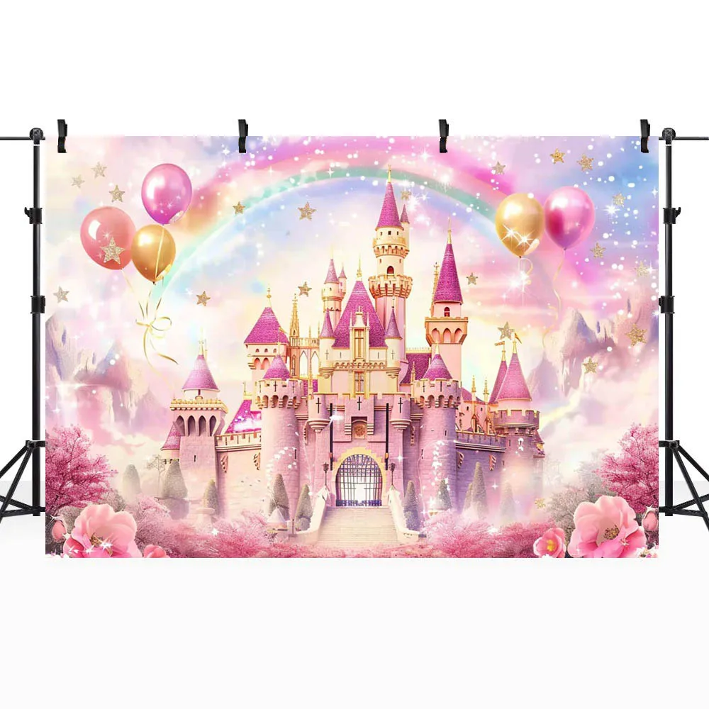 Mocsicka-Toile de fond pour la photographie, château rose, ballon arc-en-ciel, fond photo de princesse pour fille, décor de fête d\'anniversaire pour