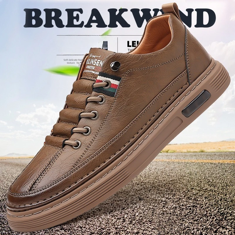 حذاء رجالي ذو نعل مسطح للربيع/الخريف برباط علوي متعدد الاستخدامات كاجوال من الجلد فائق النعومة يسمح بمرور الهواء
