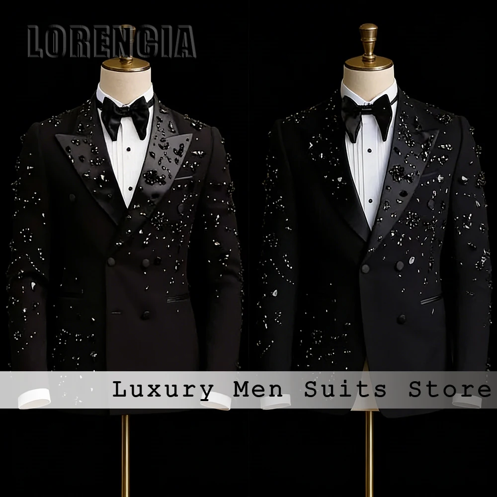 

Elegant Rhinestone Male Suits 2 Pieces Double Breasted Tuxedos Set Evening Party Outfit Customized Blazer Pants fatos de homem
