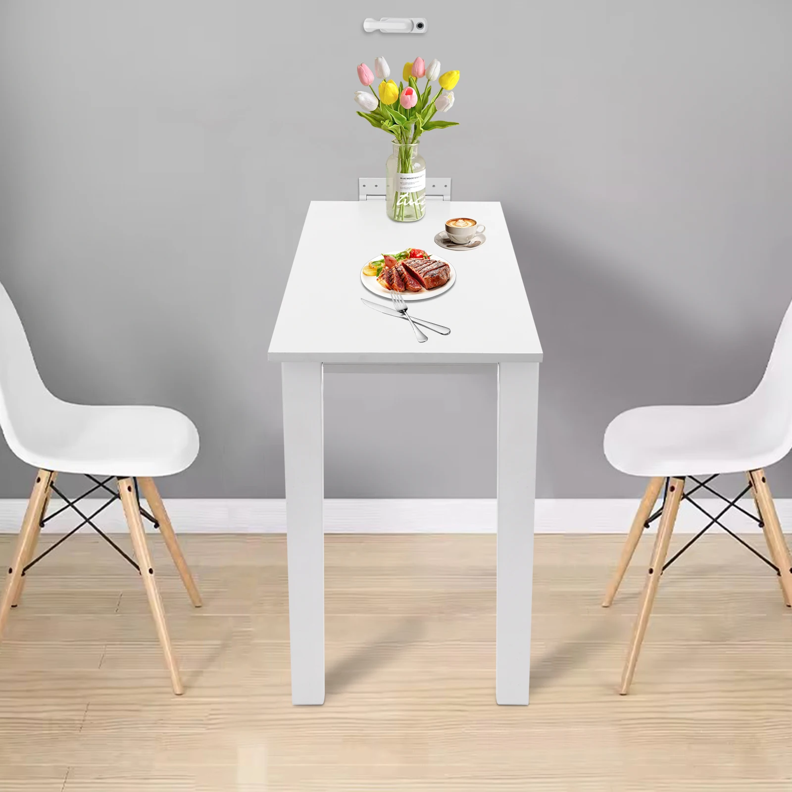 

White Wall Mounted Folding Table 75x40cm, Space Saving Foldable Desk for Kitchen, Compact Drop Leaf Table with 60kg Load Capacit