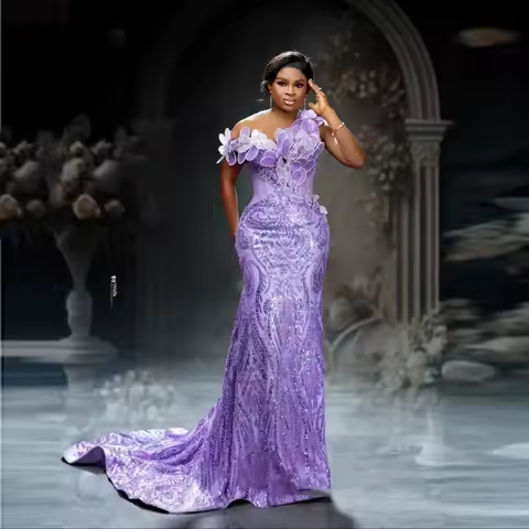 Classic Purple Long Prom Dress Plus Size Customized Floral African Party Dresses Mermaid Wedding Evening Reception Dress Gowns