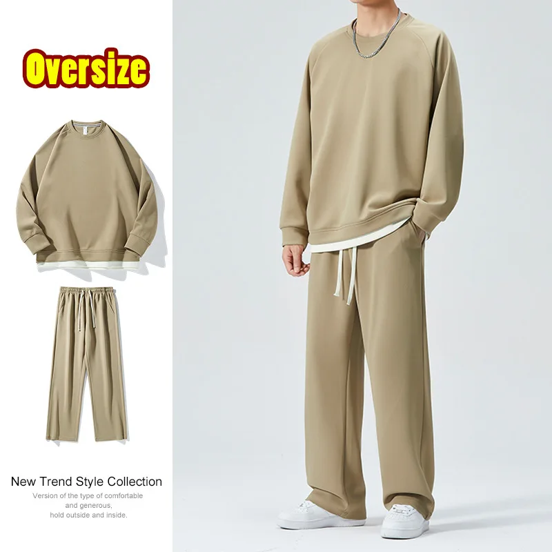 New Autumn winter Mens Korean Style Round Neck Sports Two Piece Set Loose Leisure Suit tracksuit men